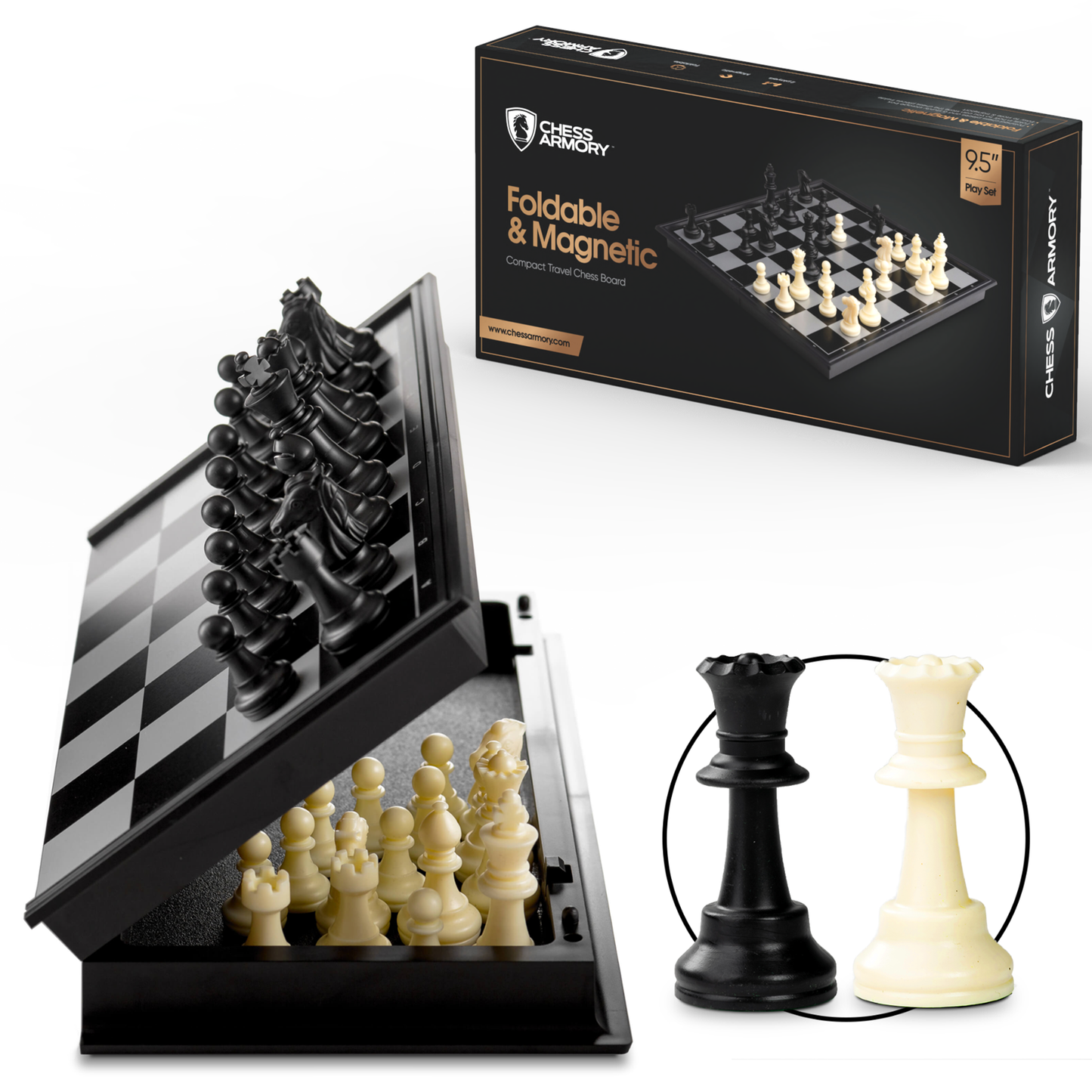 Chess Armory Magnetic Travel Chess Set Folding Board Game with Extra Queens and Storage