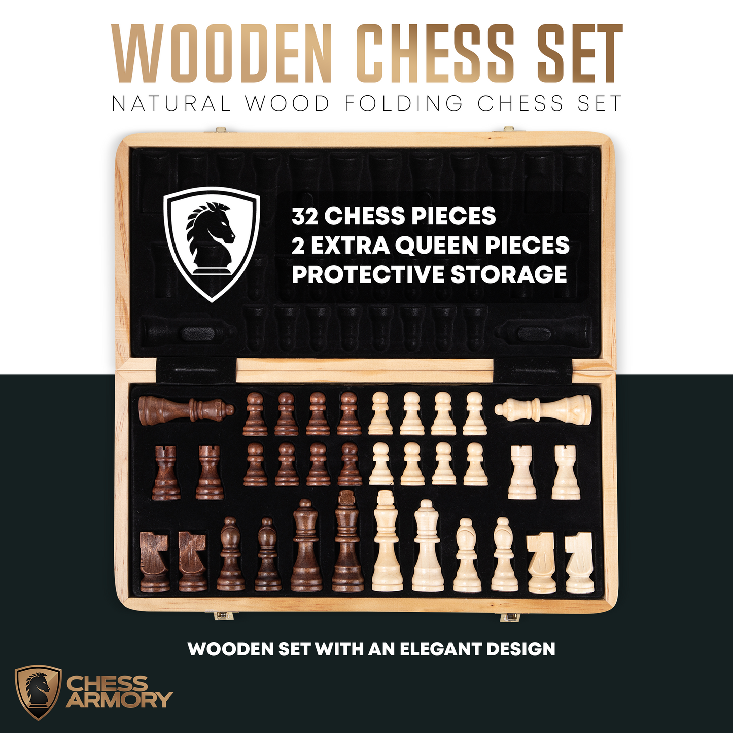 Chess Armory 15" Wooden Chess Set with Felted Game Board Interior for Storage