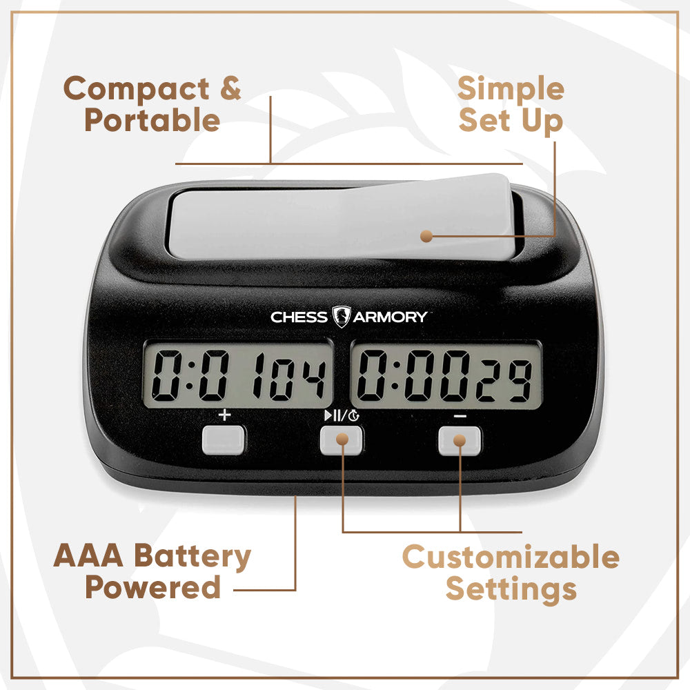 Chess Armory Digital Chess Clock - Portable Timer with Tournament & Bonus Time Features