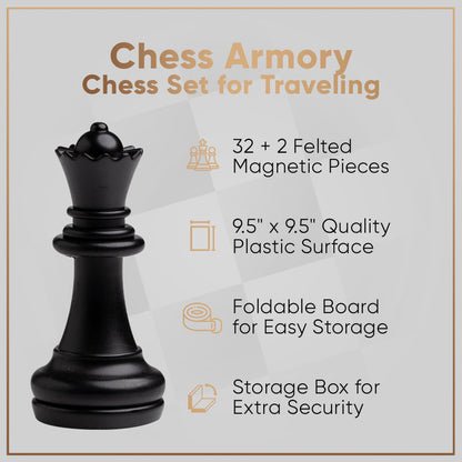 Chess Armory Magnetic Travel Chess Set Folding Board Game with Extra Queens and Storage
