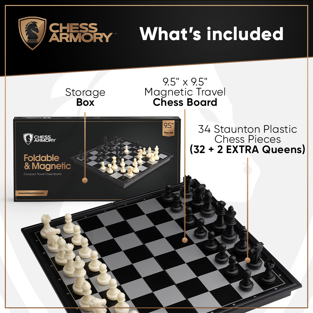 Chess Armory Magnetic Travel Chess Set Folding Board Game with Extra Queens and Storage